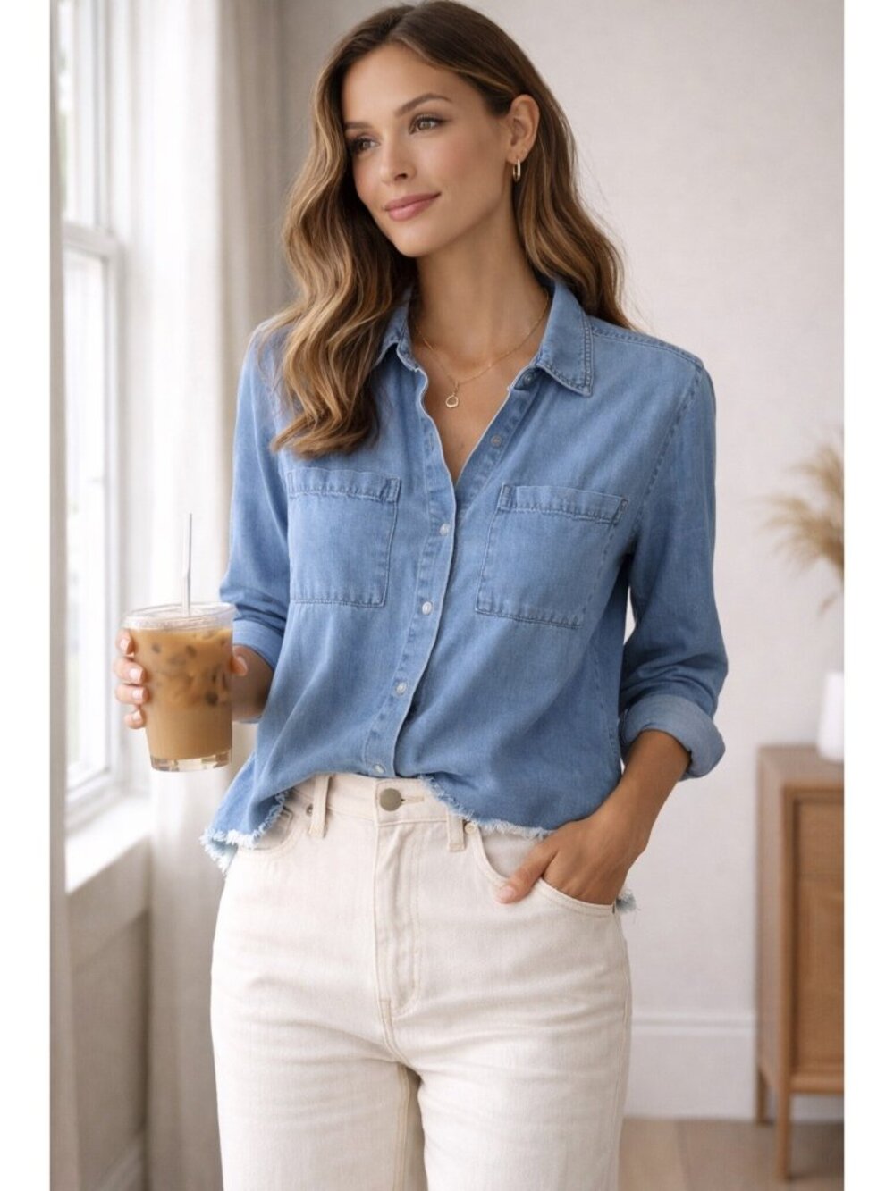 Lola River Chambray Shirt M Blue Denim 100% Tencel Blouse Roll Sleeve Button